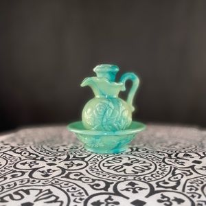Vintage Avon Decanter Bottle Pitcher Bowl & Stopper Turquoise Swirl Glass
